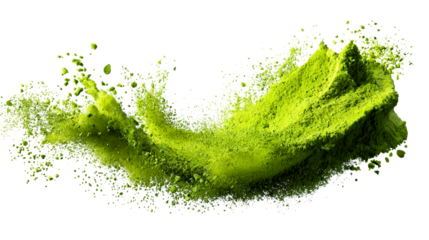 Green powder exploding and splashing isolated on white, cut out transparent