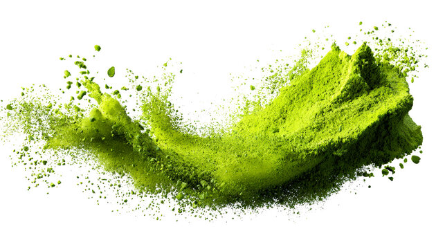 Green powder exploding and splashing isolated on white, cut out transparent