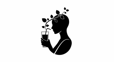 Silhouette of a person drinking a healthy beverage with leaves growing from their head, symbolizing growth and wellness.