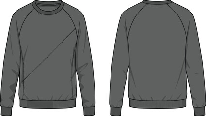 Dark gray crewneck sweatshirt flat sketch front and back view with diagonal seam, ribbed cuffs, waistband, raglan sleeves fashion design