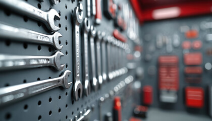 Tools hang neatly on a pegboard wall, showing organized wrenches and hardware. This setup offers easy access and efficient storage for a workshop or garage space.