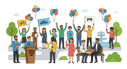 Illustration of a group of people gathered in a park for an event, holding signs and balloons, with a speaker at a podium.