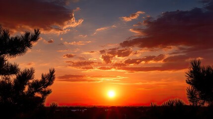 Fototapeta premium Breathtaking Sunset Over Calm Horizon with Vibrant Orange and Blue Sky, Framed by Silhouetted Trees and Clouds