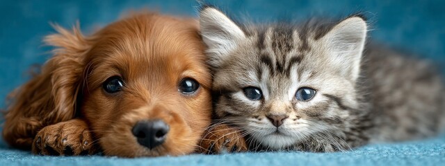 Tabby kitten and brown dog lying together. Pets on blue background, copy space.