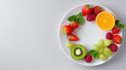 Colorful Plate of Fresh Fruits Including Strawberries, Raspberries, Oranges, Kiwi, and Grapes on Light Gray Background