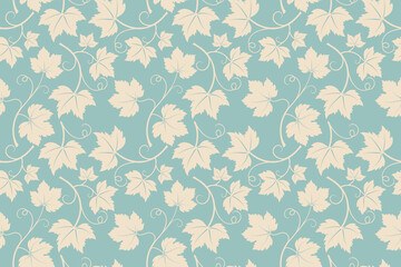 Grapevine with leaves pattern, creme vine silhouette on blue pastel background. Textile background