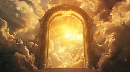 Golden heaven gate surrounded by radiant clouds at sunset, creating a tranquil and ethereal atmosphere for reflection and peace