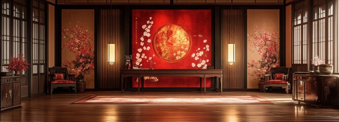 Obraz premium Elegant traditional Chinese study room featuring red and gold silk decor and intricate floral designs