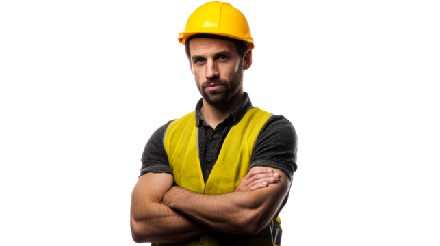 Construction worker with safety gear and folded arms, cut out transparent