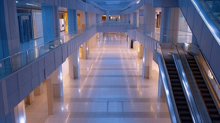 Fototapeta premium Modern indoor mall with escalators and open spaces showcasing sleek architectural design and ambient lighting at night