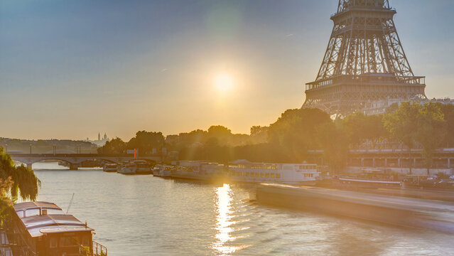 Eiffel Tower and the Seine river at Sunrise timelapse, Paris, France