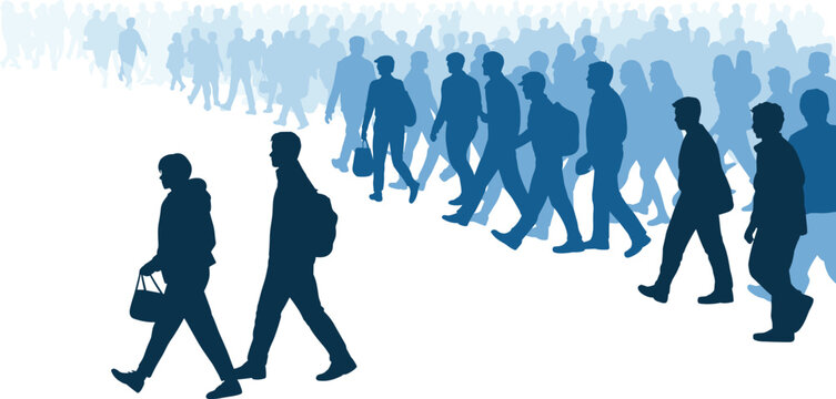 Urban crowd silhouette, people walking with bags, commuting scene vector, social behavior art, cad drawing flat vector illustration