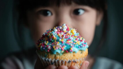 Child joyfully holds a blue-iced cupcake with sprinkles