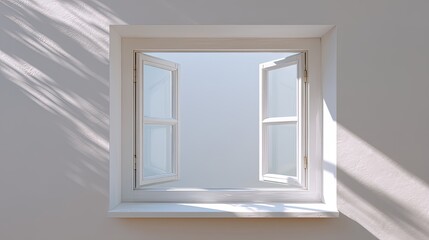 Obraz premium White Wooden Window Opened to Bright Blue Sky with Soft Shadows on White Wall