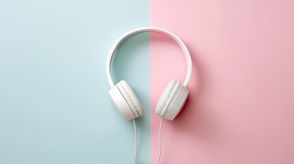 White Headphones on Soft Blue and Pink Background for Music and Sound Lovers