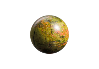 A polished Unakite sphere on a white isolated background, featuring a blend of green, pink, and earthy tones with a glossy finish. Ideal for decor, meditation, or mineral collections.