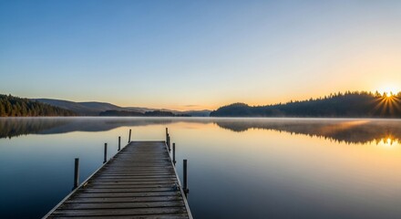 Obraz premium Wooden dock at tranquil lake at sunrise