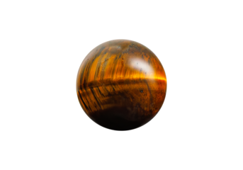 A polished Tiger Eye sphere on a white isolated background, featuring golden-brown bands with a silky luster and glossy finish. Ideal for decor, meditation, or mineral collections.