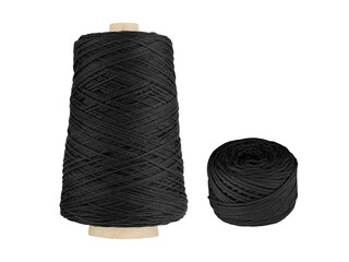 A mustard Black thread set with a spool on a cardboard bobbin and a smaller ball, isolated on a white background. Ideal for sewing, knitting, or craft projects, this warm thread adds an earthy
