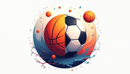 Fototapeta premium Digital art basketball, football integration. Illustration combines both sports visually appealing with abstract colorful design. Creative graphic for diverse projects related to game competition.