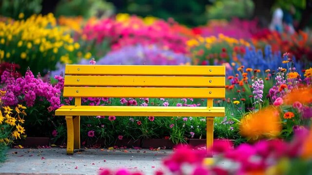 Vibrant Yellow Bench Amidst a Colorful Garden Oasis