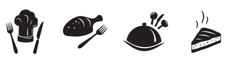 Obraz premium A collection of black and white icons featuring various foods like dumplings, noodles, and a burger, alongside chopsticks and gears, vector illustration.