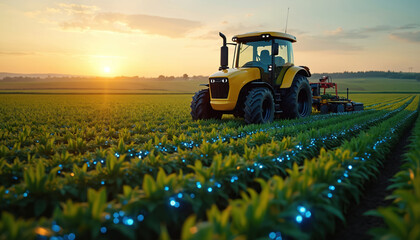 Yellow autonomous tractor cultivates green field with blue lights at sunset. Smart farm tech operates without driver, rows of crops grow under sky.