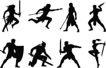 Warrior silhouette action poses, sword and shield combat stances, fantasy battle scene, cad drawing flat vector illustration, heroic motion concept