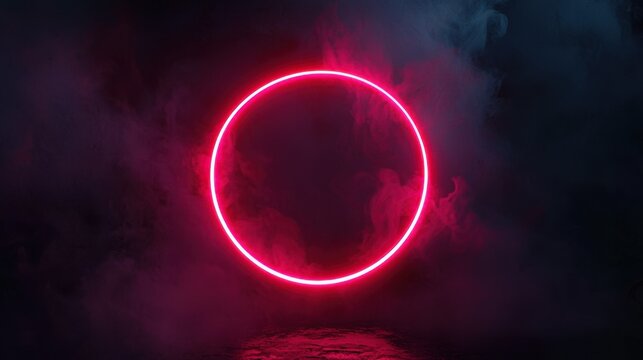 Red neon light ring with smoke on dark background. Luminous led circle with fog on black. Laser glow round frame with smoke effect. Abstract electric futuristic portal template for design or game