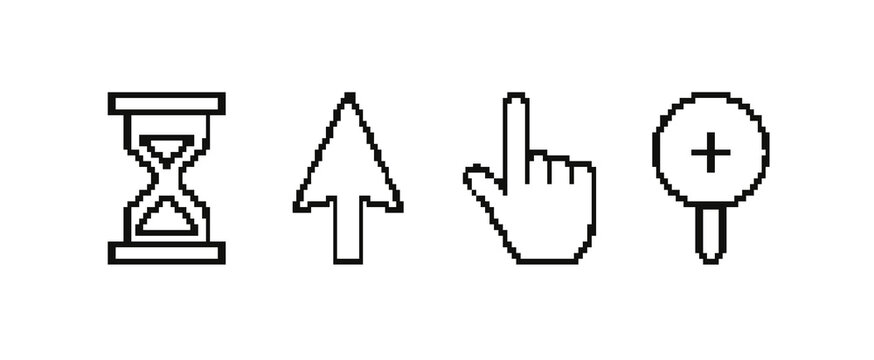 Mouse Cicker Hand Clicker Sand Timer And Lupe Pix elated.Click cursor vector icon. Computer mouse hand pointer symbol for web. Pixelated finger press or push button. Digital interface element for webs
