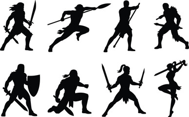 Warrior silhouette poses, combat stances, weapon action, sword and spear, black vector art, cad drawing flat vector illustration, minimal design