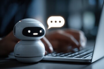 Cute AI Chatbot Robot Beside Laptop with Speech Bubble Digital Communication Artificial Intelligence Assistance Service Automation Future Technology