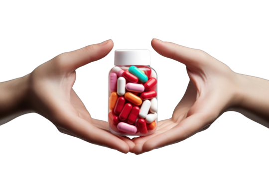 PNG A hand holding a medicine bottle filled with colorful medicine capsules pill antioxidant medication.
