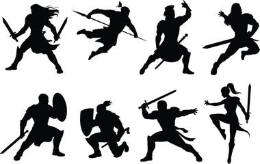 Warrior silhouettes, combat poses, sword and shield, fantasy battle, medieval fighters, black figures, dynamic motion, action stance, white background, heroic design