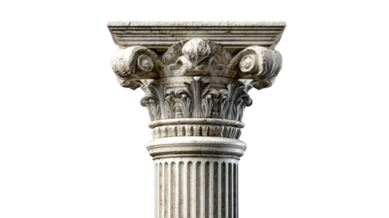 Antique stone column capital with Corinthian acanthus leaves and volutes, cut out transparent
