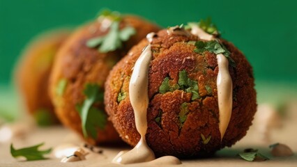 Delicious falafel balls drizzled with creamy sauce and fresh herbs against a vibrant green backdrop