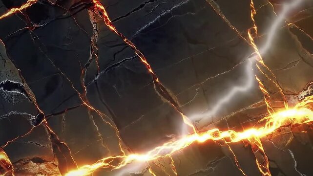 Frame with dynamic effect Hot Magma Cracks on Dark Rock Surface in Close-Up View