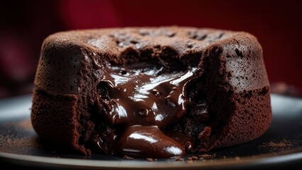 Decadent molten chocolate lava cake oozing rich ganache on a dark plate perfect for dessert promotions