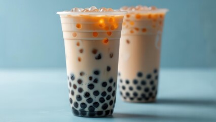 Delicious boba tea drinks with tapioca pearls on a light blue background tempting your taste buds today