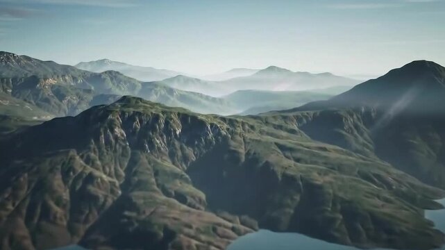 Peaceful aerial view of mountain ranges covered in mist under soft morning sunlight. Captures natural beauty, depth, and serenity of untouched wilderness.
