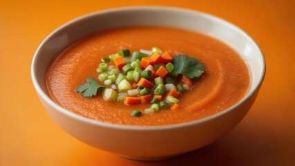 Enjoy a vibrant bowl of creamy tomato soup topped with fresh herbs and diced vegetables today