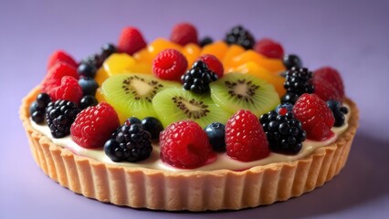 Vibrant fruit tart bursting with fresh berries and kiwi, a delicious dessert for any celebration.
