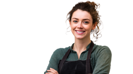 Smiling woman with curly hair wearing an apron, cut out transparent