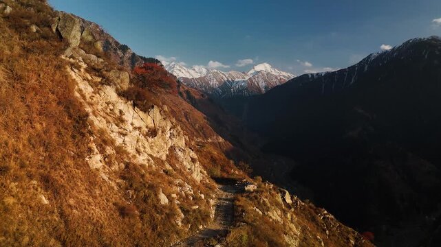 Aerial view panorama of yellow autumn forest in Almaty