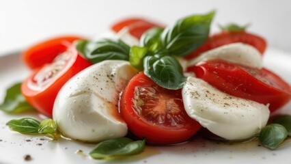 Fresh Caprese salad with ripe tomatoes, creamy mozzarella, and vibrant basil leaves drizzled with olive oil