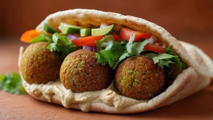 Delicious falafel pita bursting with fresh vegetables and creamy hummus, perfect for a satisfying meal