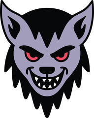 Wolf head illustration, cartoon fierce mascot design with sharp teeth and red eyes, spooky emblem artwork, vector animal logo background