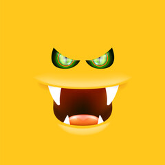 Orange monster face with gleaming green eyes and huge fangs emerges. Happy Halloween backdrop for your spooky holiday card designs with orange monster face