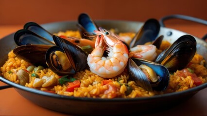 Succulent seafood paella bursting with flavor, a vibrant Spanish feast for any occasion