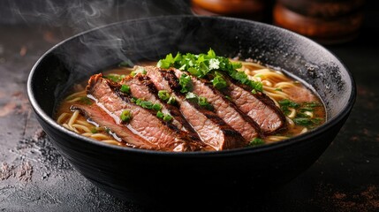 Fototapeta premium Delicious steaming ramen with tender beef slices garnished with fresh herbs in a dark bowl